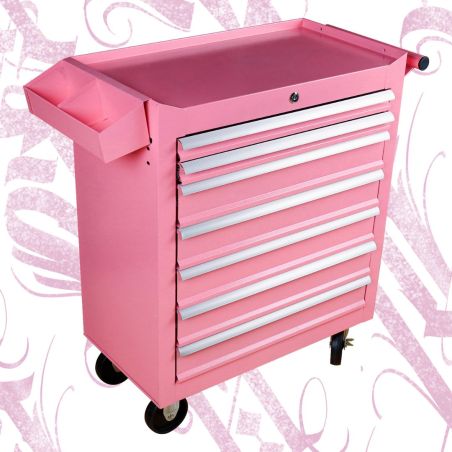 Carrito de trabajo rosa con 7 cajones para estudio de tatuajes