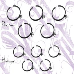[LIQ]Pack Aro Negro Abierto de Acero con Joya 10 Unidades(5-0.8x10mm & 5-0.8x8mm)